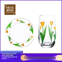 Ensemble de tasses et d'assiettes en verre à motif de tulipes vintage, vaisselle élégante à fleurs pour le thé et les desserts, pour la maison, le café, les cadeaux, vente en gros