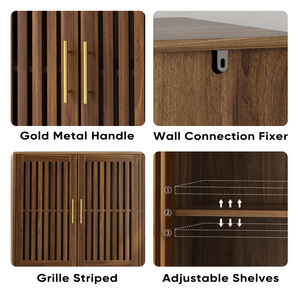 Credenza in noce da 63 pollici con 4 ante a griglia, mobile contenitore a righe per soggiorno e cucina - Product Image 5
