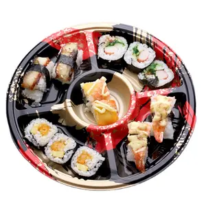 Disposable big family size round divided sushi platter 5 compartment nut sushi food blister packaging tray