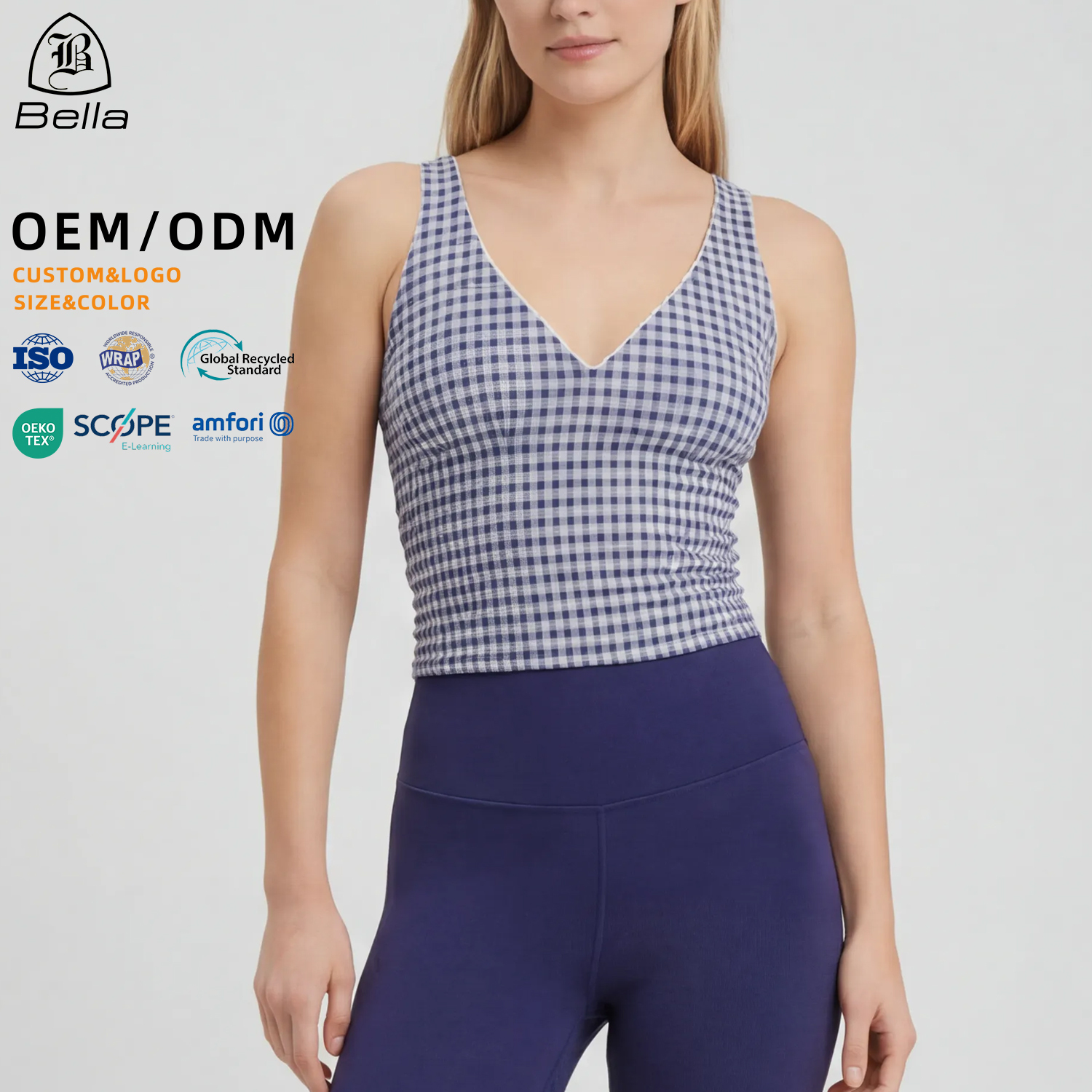 Custom Plaid Printed Women Yoga Tank Top Recycled Sports Bra Checkered Gym Workout Fitness Wear Vest Singlet
