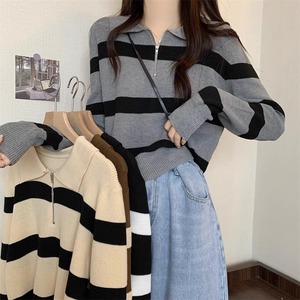 Suéter de Punto a Rayas para Mujer, Manga Larga, Cuello Polo, Cierre de Cremallera, Otoño Invierno, Talla Única, Gris, Albaricoque, Café, Negro - Product Image 1