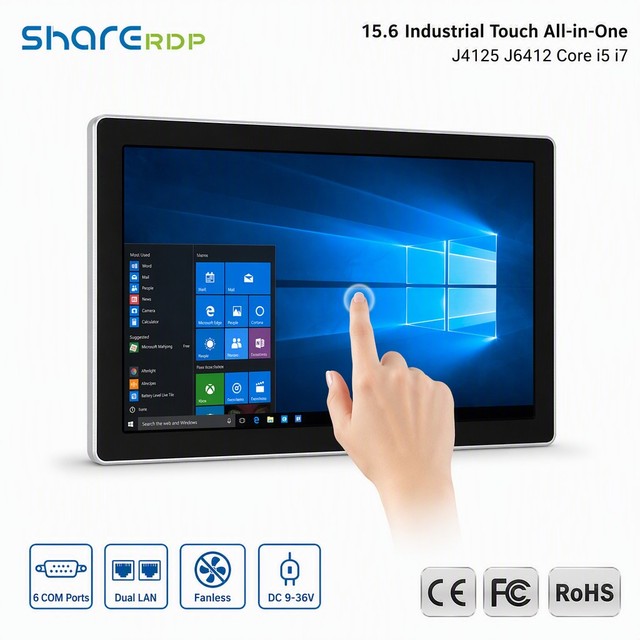 Sharerdp Custom OEM Wholesale 15.6 Inch J4125 J6412 6 COM Dual LAN Industrial Touch Screen Panel PC Fanless All in One Computer