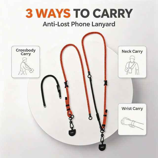 Safety Anti-Theft Phone Strap 3 WAYS to CARRY Flexible Secure Wrist/Neck/Crossbody Lanyard with Alloy Hook 360° Rotating Design