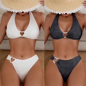 Conjunto de Bikini Sexy con Cuello Halter para Mujer, con Recorte en Forma de Corazón, Espalda Descubierta, Traje de Baño de 2 Piezas, Blanco y Negro, Ropa de Playa de Secado Rápido, Spandex/Poliéster - Product Image 5