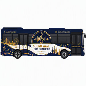 Autocollant personnalisé pour bus sur le thème de la musique, vinyle or et bleu, silhouette de la ville, pour la décoration de véhicules de transport public, vente en gros - Product Image 1