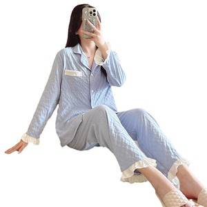 Ensemble de pyjamas en Satin de coton d'été pour femmes Cardigan à manches longues doux coupe ample respirant mignon vêtements de maison pour le printemps - Product Image 1