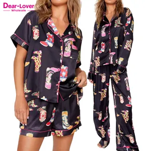 Dear-Lover Wholesale OEM ODM High Quality Western Boot All Over Print Lounge Wear Loungewear Satin Pajamas Women Set