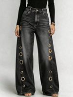 Jeans pour femmes taille haute en denim délavé à jambe large, avec œillets métalliques et découpes, style baggy vintage streetwear décontracté