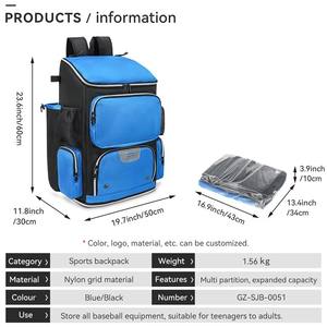 Sac à dos de baseball grande capacité extensible, sac pour équipement de softball avec compartiment ventilé pour chaussures et supports pour bâtons - Product Image 3