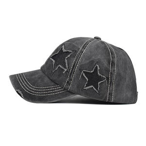 Casquette de baseball en coton délavé effet vieilli avec ouverture pour queue de cheval, broderie étoile à cinq branches, visière incurvée, style trucker pour femme - Product Image 2