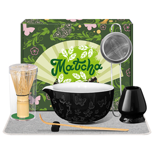 Ensemble de matcha traditionnel japonais - Ensemble de thé matcha 7 pièces - Bol gravé - Fouet à main en bambou - Motif papillon - Céramique matcha - Product Image 1