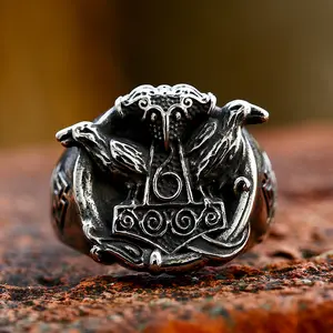 SS8-998R 2023 New Arrival Stainless Steel Viking Mjolnir Ring Raven Son of Odin Hammer Ring For Men Vintage Jewelry Wholesale