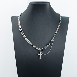 Yunnique <b>Cross</b> Beaded Titanium Steel Necklace Men's Fashion Hip Hop Style Geometric Design Silver Tone Jewelry Made in Dongguan - Product Image 4
