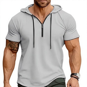 Men's Hooded Henley T-Shirt Short Sleeve Regular Fit Breathable Solid Color Casual Pullover Light Gray Jersey 200g Knitted - Product Image 1