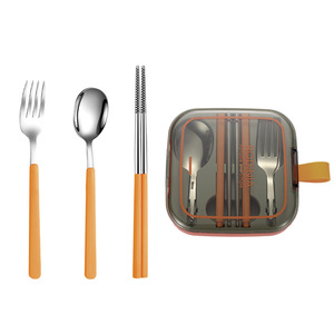 <b>Portable</b> Stainless Steel <b>Cutlery</b> <b>Set</b> With Spoon Fork Chopsticks For Camping Outdoor Use Rectangular Design Plastic Lid Included - Product Image 4