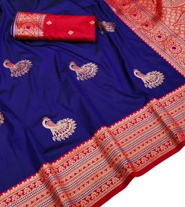 Royal Blue Silk Saree With <b>Red</b> Border And Peacock Embroidery Design Saree with <b>Blouse</b> Material For Wedding And Festival Wear - Product Image 3