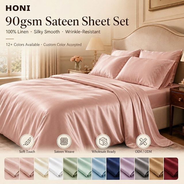 HONI Premium 100% Linen 100TC Solid Woven Anti-Wrinkle Modern King Size 4 Pcs Washed Flat Bed Sheet Pillowcase Sets for Bedroom