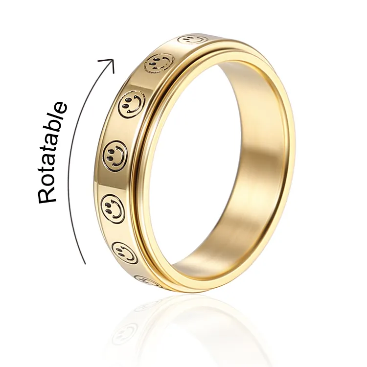 Cincin spinner berlapis emas mode baru cincin kecemasan fidget wajah tersenyum bintang bulan Putar baja tahan karat anti kecemasan