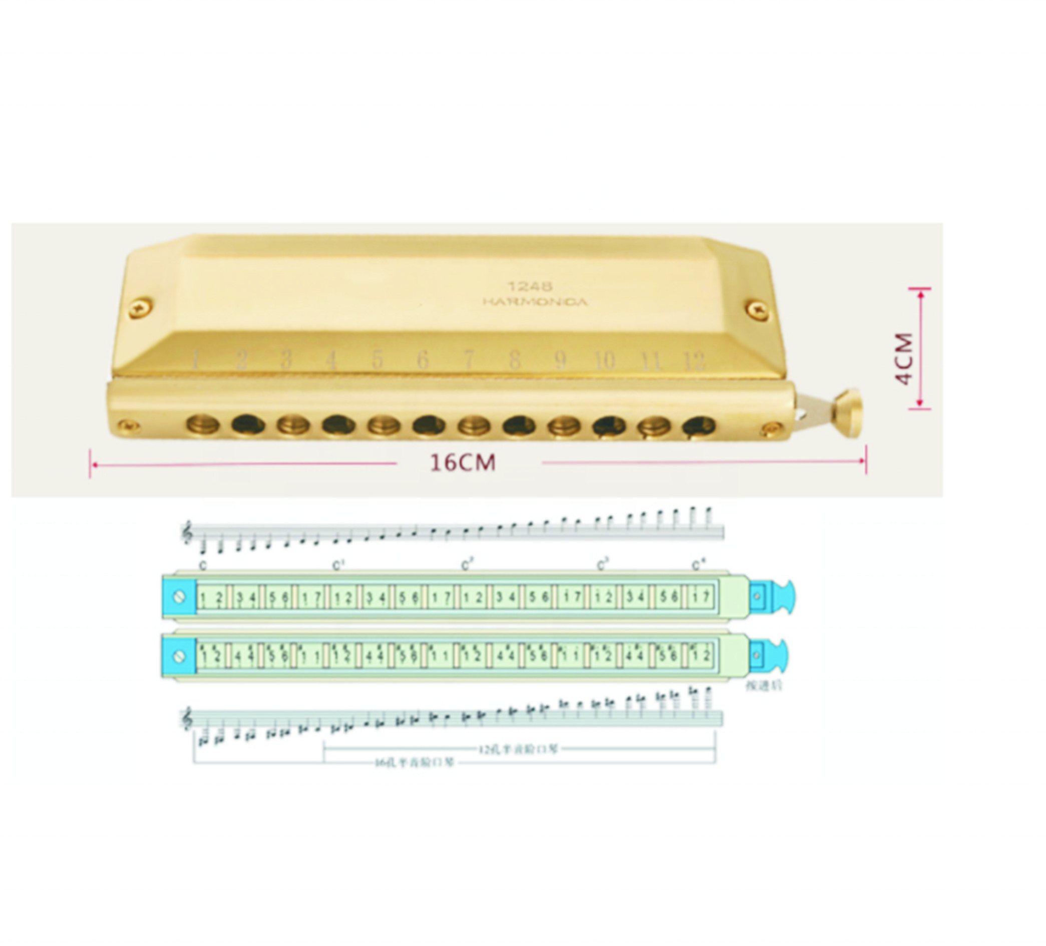 Новейшая Высококачественная золотистая полумасштабная Губная гармошка с 12 отверстиями 48-тонная полушкальная Губная гармошка
