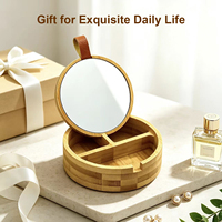 Boîte de rangement en bambou personnalisée avec logo, couvercle miroir, organisateur de bijoux rond en bois, plateau de vanité avec miroir, OEM ODM pour cadeau