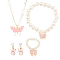 Ensemble de bijoux pour femmes vintage à la mode, 4 pièces, bracelet en perles, boucles d'oreilles, collier, pendentif papillon pour les fêtes, les mariages, les cadeaux
