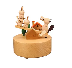 Rabbit and wolf dance music box wooden handicraft solid wood toy music box