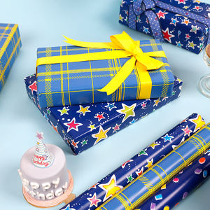 Alta calidad al por mayor 80g 43*300cm cumpleaños fluorescente azul y amarillo papel de embalaje papel de regalo - Product Image 2