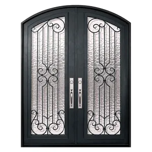 Porte de sécurité extérieure arquée en métal conception personnalisée arcs modernes de style français portes d'entrée doubles en fer forgé