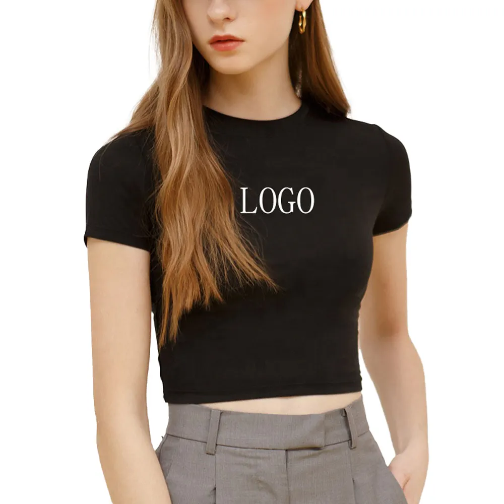 Camiseta bordada de verano para niñas, camiseta negra en blanco con logotipo personalizado impreso, top corto, camisetas 2023