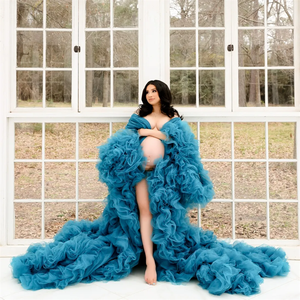 Robe de grossesse en tulle à volants de haute qualité pour séance photo de maternité, robe de bal en tulle pour femmes enceintes avec fente - Product Image 1