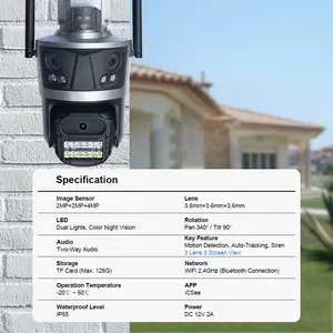 Caméra CCTV WiFi 4MP AI iCSee Caméra réseau PTZ à double objectif avec affichage à trois écrans Caméra IP de sécurité sans fil intérieure extérieure