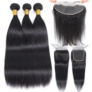 Wholesale 100 Raw Cuticle Aligned Mink Brazilian Virgin Human Hair Straight 3 Bundles With Lace Frontal Closure