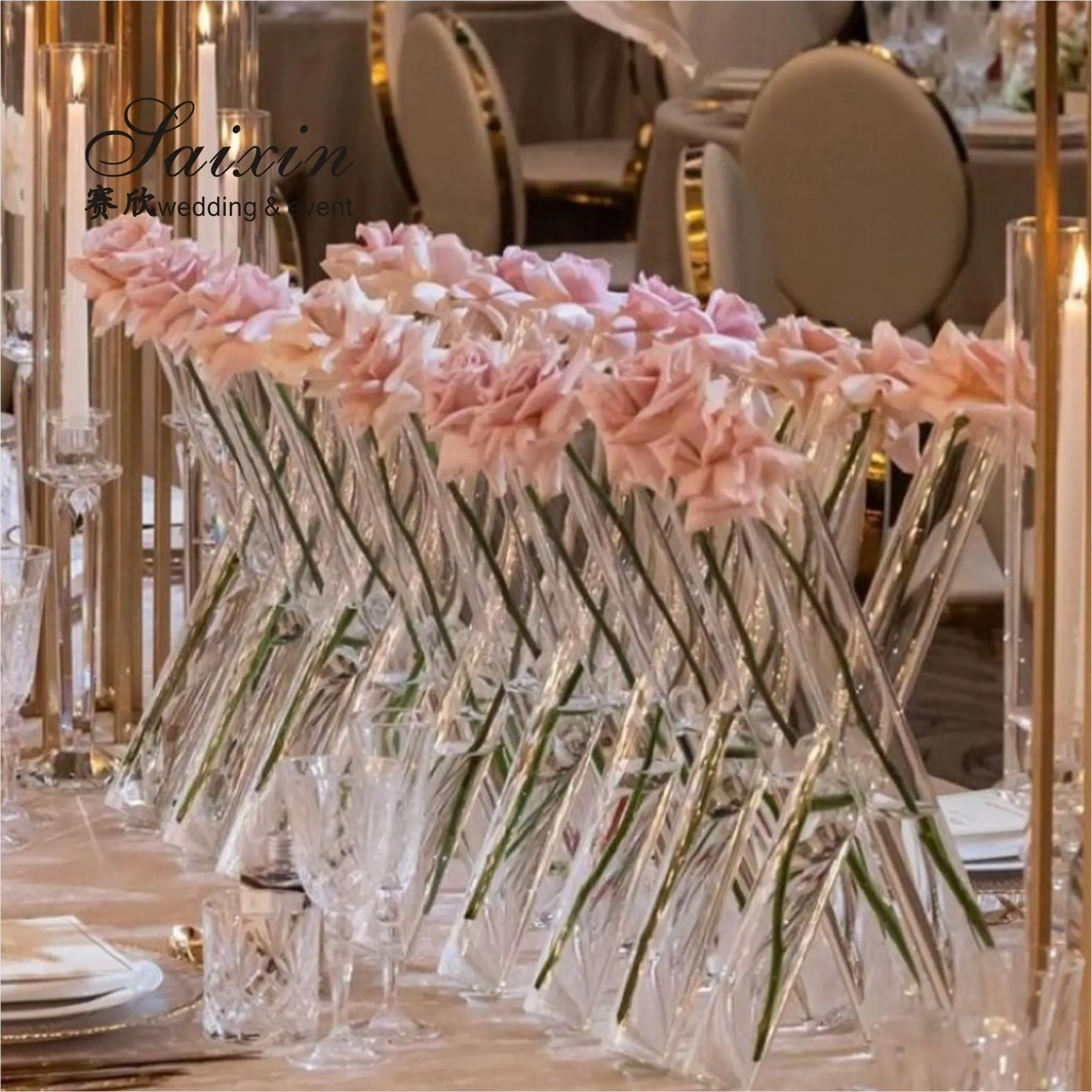 Conjunto de peças para mesas de casamento, conjunto de 3 vasos de vidro com cilindro de vidro para rosas