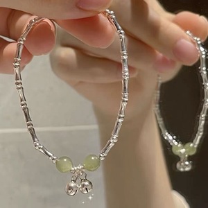 S925 Sterling Silver Bamboo Bell <b>Bracelet</b> With Jade <b>Beads</b> Unisex Gift Jewelry - Product Image 3