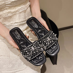 Sandales d'été pour femmes à bout carré, à bride unique, avec petite décoration en perles, pour intérieur et extérieur, de haute qualité - Product Image 4