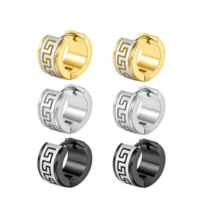 Pendientes de clip de acero inoxidable con patrón geométrico, joyería de moda unisex, 7x9 mm, tres colores disponibles - Product Image 1