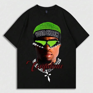 เสื้อยืดโอเวอร์ไซส์สีดำสำหรับผู้ชาย พร้อมลายพิมพ์รูปภาพ สไตล์สตรีท แขนสั้น คอกลม ผ้าคอตตอนเจอร์ซีย์ - Product Image 1
