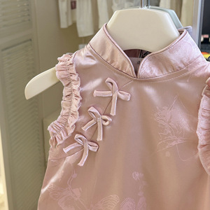 Childrens Cheongsam Dress Solid Color Cotton Summer Party Wear For Baby Girl - Product Image 2
