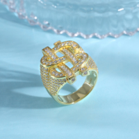 Nouvelle bague en cuivre plaqué or avec zircon, style hip-hop, signe dollar, tendance pour hommes et femmes, disponible en gros