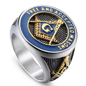 Мужские Винтажные масонские байкерские кольца из нержавеющей стали с синими масонскими кольцами