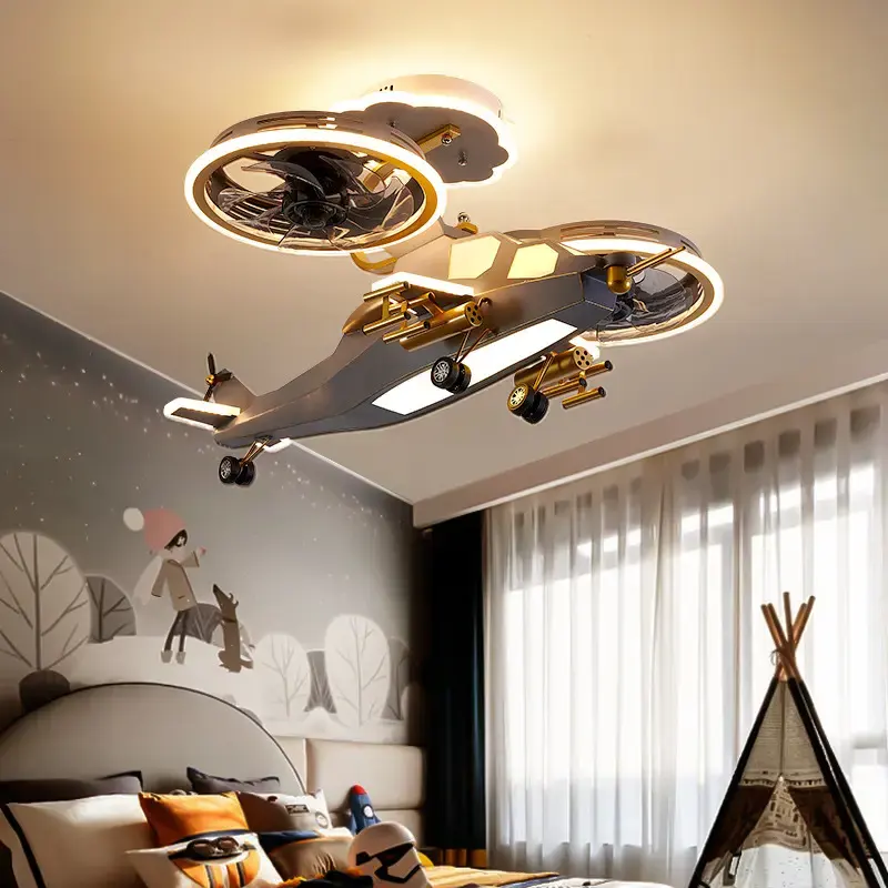 Decoration Cartoon Helicopter Remote Control 3 Color Dimmable App Control Modern Led Aircraft Ceiling Fan For Children Bedroom