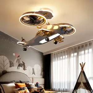 Decoratie Cartoon Helikopter Afstandsbediening 3 Kleuren Dimbare App Bediening Moderne Led Vliegtuig Plafondventilator Voor Kinderen Slaapkamer