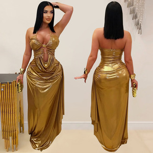 Metallic Gold Dress - Women's Party Wear - Maxi Bodycon