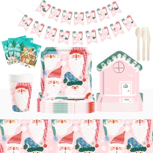DAMAI Christmas Santa Claus Snowman Pink Disposable Paper Dinner Plates Dessert Plates and Napkins for Merry Christmas Party - Product Image 1