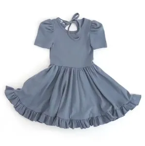 Vestido casual de malha 95% algodão 5% Spandex midi, vestido de cintura redonda com buracos nas costas, cor sólida e babado para meninas