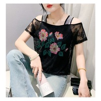 Camiseta Floral colorida para mujer, doble capa, gasa de seda helada, manga corta, encaje de flores de diamantes de imitación, camisetas, ropa de fiesta