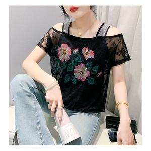 Coloré Floral Femmes T-<span class=keywords><strong>shirt</strong></span> Double Couches Glace Soie <span class=keywords><strong>Gaze</strong></span> À Manches Courtes Strass Fleur Dentelle <span class=keywords><strong>Tee</strong></span> Tops Vêtements <span class=keywords><strong>De</strong></span> Fête - Product Image 2