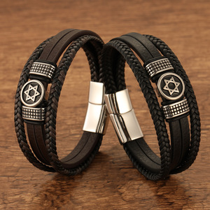 สร้อยข้อมือแฟชั่นลายดาวแห่งเดวิด หนัง PU สีดำ ชุบเงิน ของขวัญเครื่องประดับทางศาสนาสำหรับทุกเพศ - Product Image 6