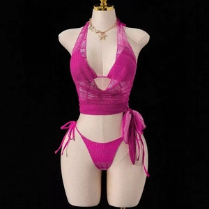 Conjunto de 4 piezas de bikini sexy sin tirantes con top halter, tanga y falda para mujer, ropa de playa para vacaciones de verano. - Product Image 3
