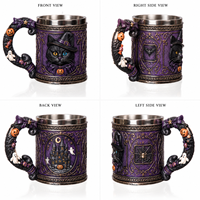 Chope à bière personnalisée en résine, motif chat noir sorcière d'Halloween, avec doublure amovible en acier inoxydable de qualité alimentaire, peinte à la main, style gothique